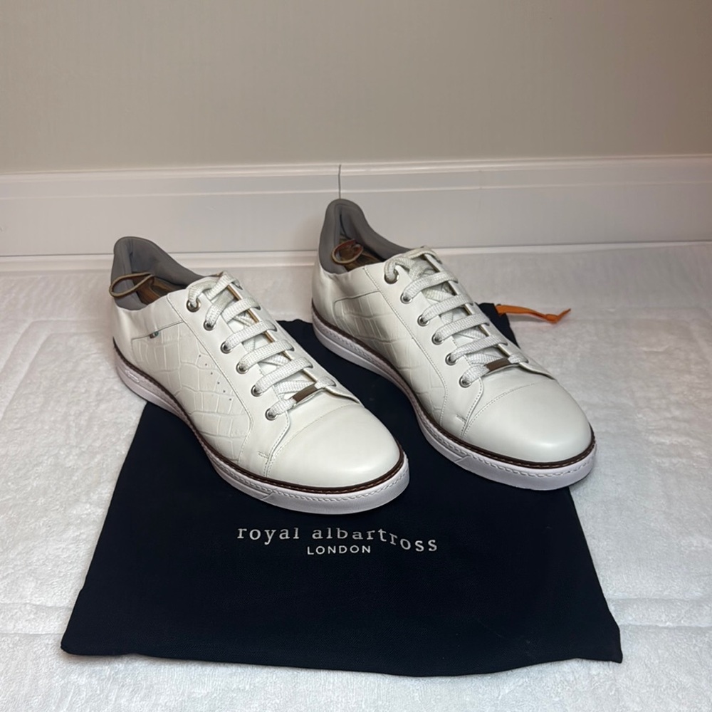 BOND Men's Italian Napa Leather Spikeless White Golf Shoe Royal Albartross Sz 13